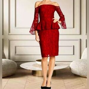 Laundry by Shelli Segal Red Black Tipped lace Peplum Cocktail Sexy‎ Dress Sz 0